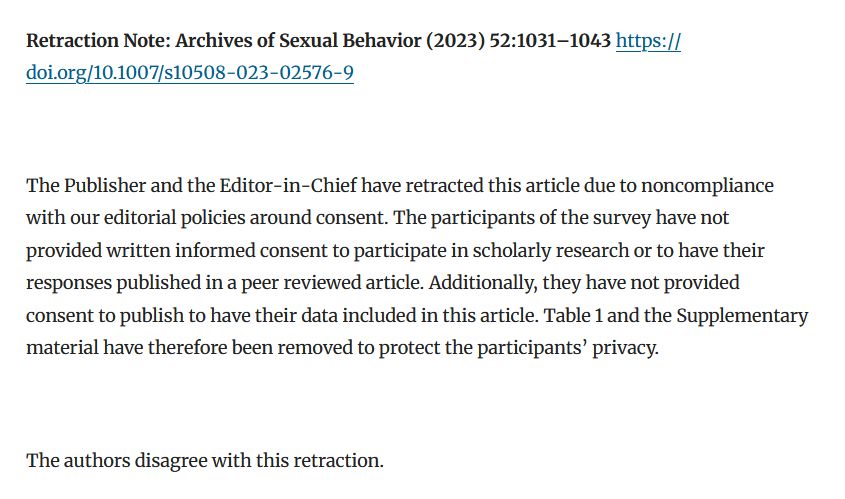 Retraction Note: Archives of Sexual Behavior (2023) 52:1031–1043. The Publisher and the Editor-in-Chief have retracted this article due to noncompliance with our editorial policies around consent. The participants of the survey have not provided written informed consent to participate in scholarly research or to have their responses published in a peer reviewed article. Additionally, they have not provided consent to publish to have their data included in this article. Table 1 and the Supplementary material have therefore been removed to protect the participants’ privacy.

The authors disagree with this retraction.