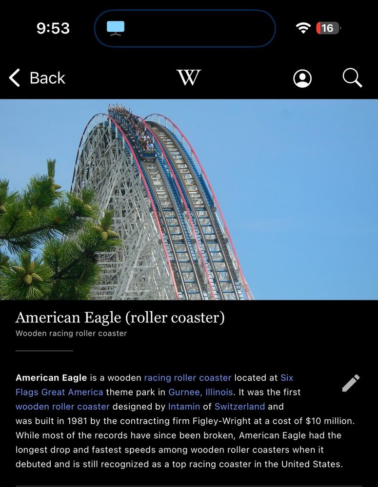 A picture of the Wikipedia page for the roller coaster American Eagle