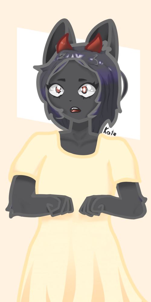 Art of my fursona SulFur-a black cat demon, in a yellow sun dress