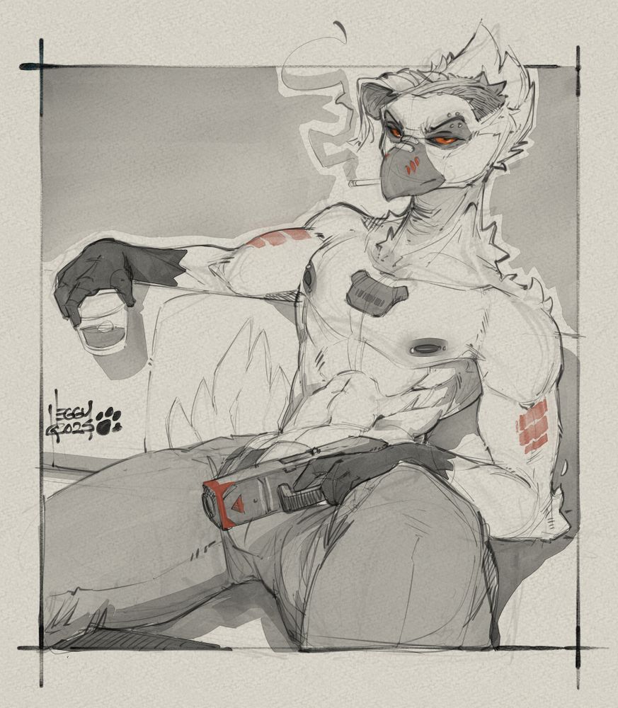 Xovit as a bird, sitting on a couch with a drink in one hand and gun in the other