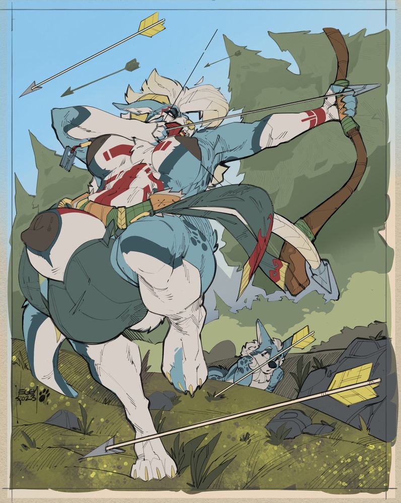 Gabby the otsky, framed left, is standing in the open, dodging arrows as she returns fire, somehow managing to evade all of them despite her being a hyper furry. Another otsky takes cover and watches in awe. 