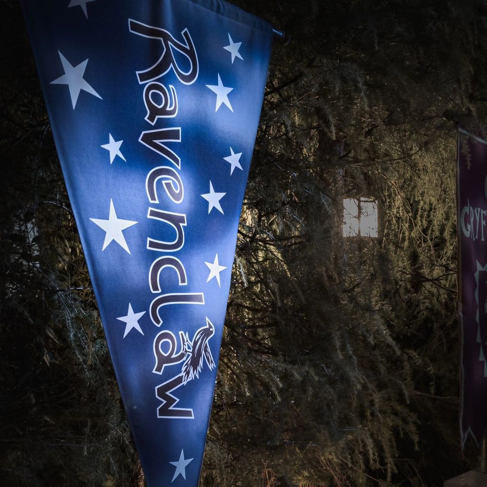 The Ravenclaw quidditch banner at night at universal studios japan 
