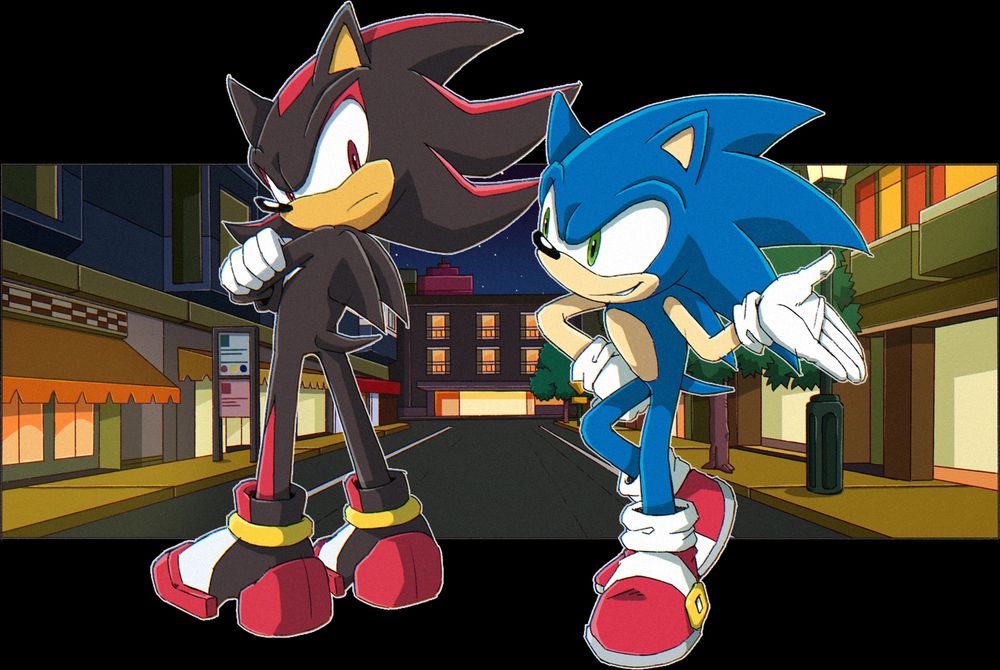 A scowling Shadow the Hedgehog looking behind him at a smirking Sonic the Hedgehog.