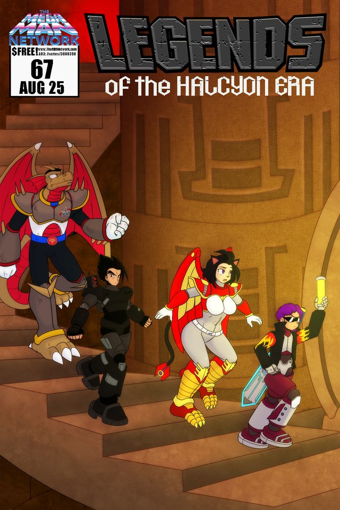 Cover of Legends of the Halcyon Era #67, by Victor Campan, showing SunFlame, Black Steel, Katrina, and Adam Powers descending a long, spiralling staircase deep inside an ancient ruin on a distant world.