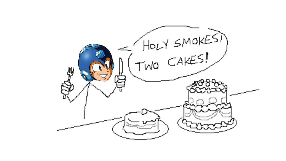 The "Two Cakes" meme with Mega Man's head pasted over the original, now saying "Holy Smokes! Two Cakes!"