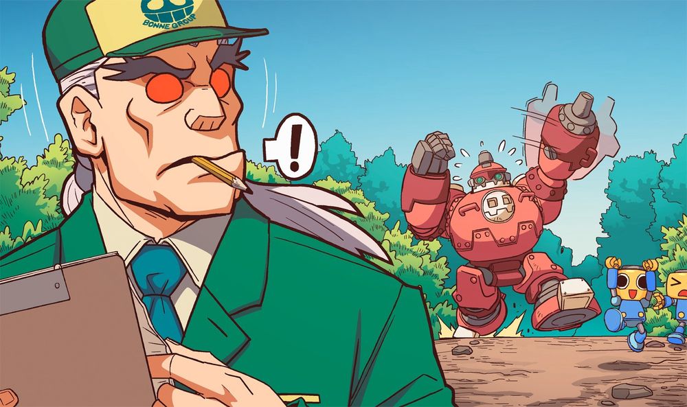 Panel from Mega Man Timelines #1, showing Teisel Bonne in a jacket, tie, and ball cap with the "Bonne Group" logo on it, holding a clipboard with a pencil hanging from his mouth and turning in surprise as the Gustaff and some Servbots come running up behind him.