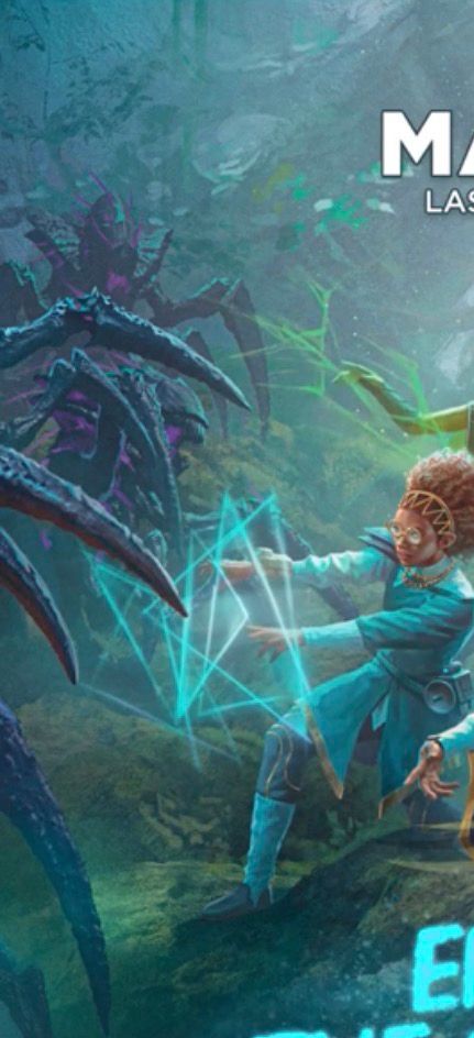 Weird Alien/Symbiote looking creature in the corner of a poster showing off Strixhaven students 