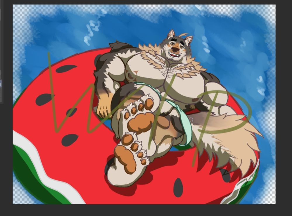 Huge furry dog guy from live a hero laying on a watermelon colored floatie 