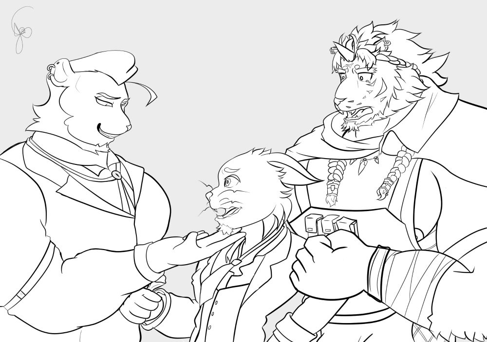 Sketch of 3 furry felines, a panther, a liger, and a cat