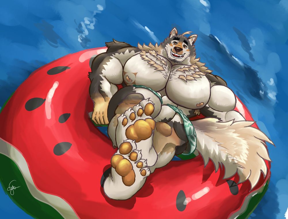 Muscular furry dog guy known as Sterio from Live a Hero (grown up version by his own artist), laying on a giant watermelon floatie 
