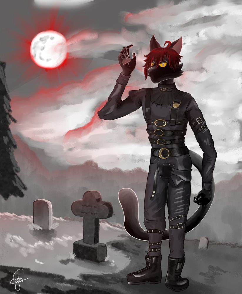 Black cat wearing a leather suit with belts, with a graveyard as a background under a shinning red moon