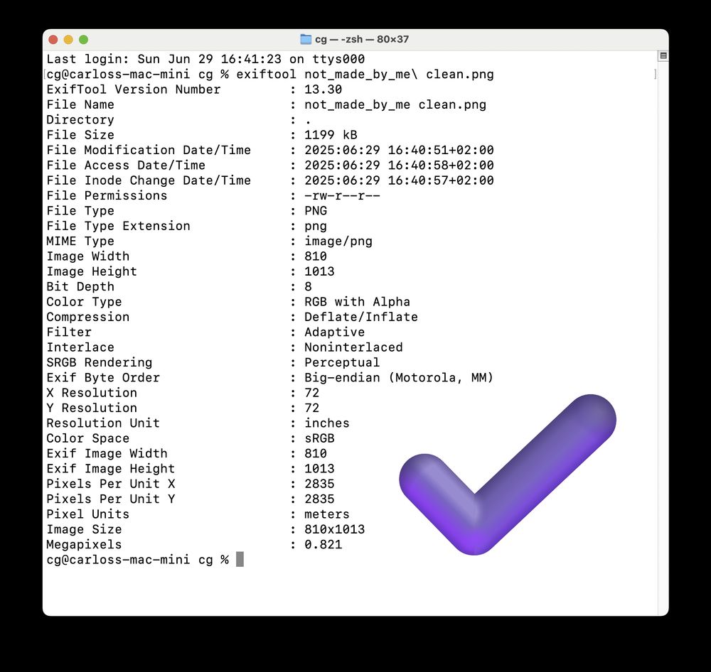 Output of exiftool for the new created file without personal data