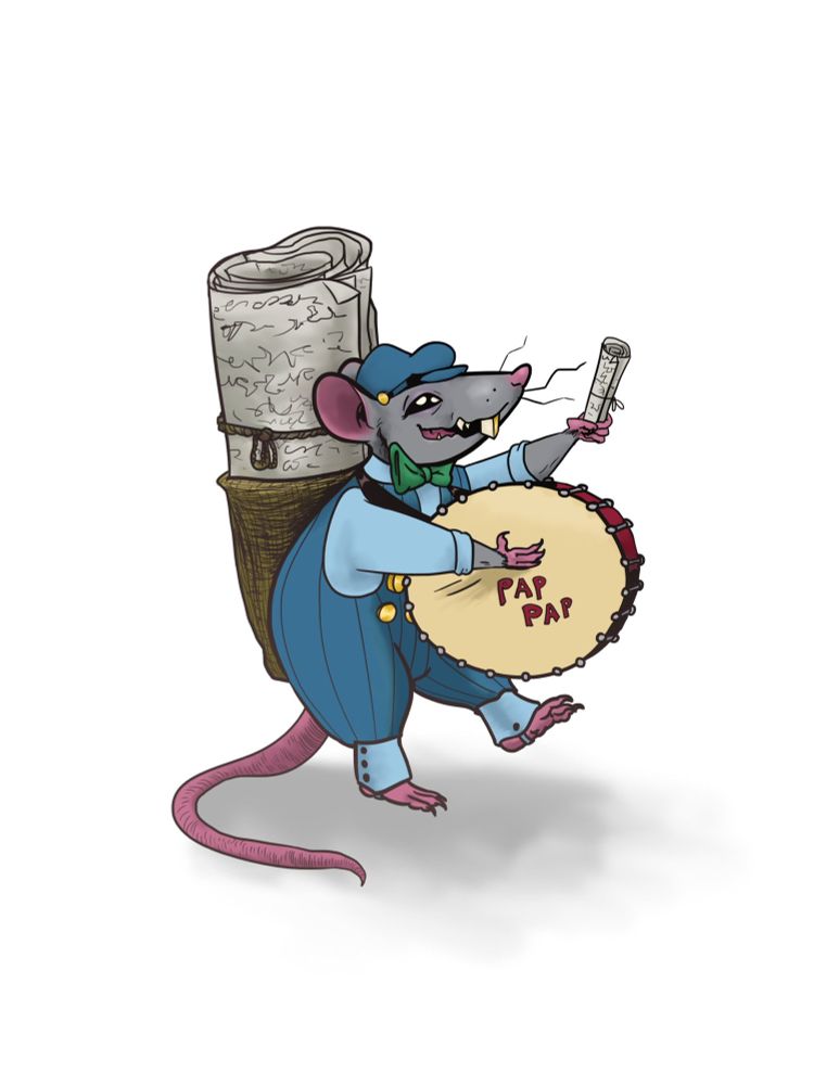 A little rat guy in overalls playing a big drum, he has a bag strapped  to his back with a comically large newspaper in it 