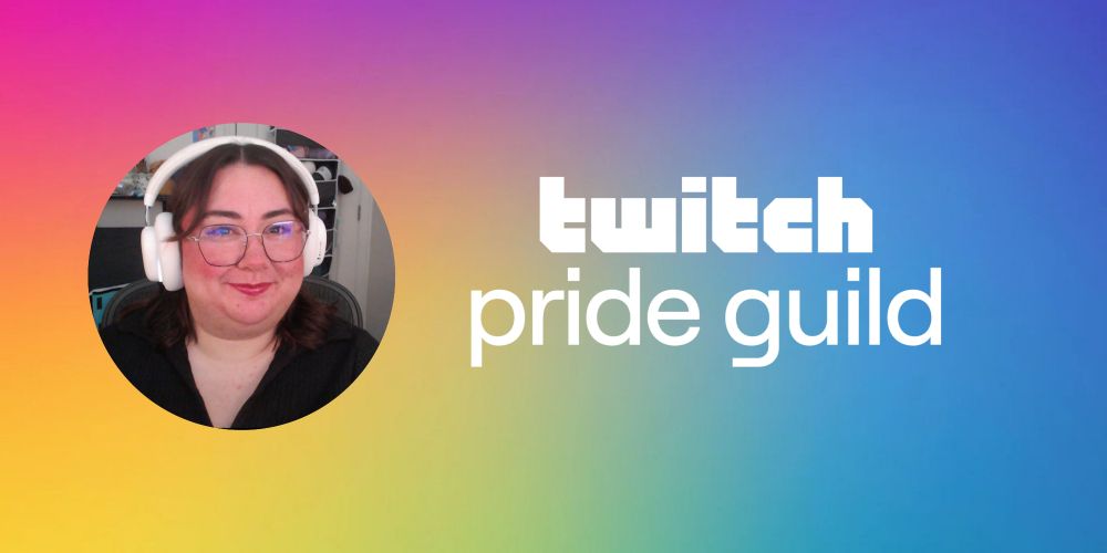 A photo of Katelyn over a rainbow background. The white text is reading 'twitch pride guild'