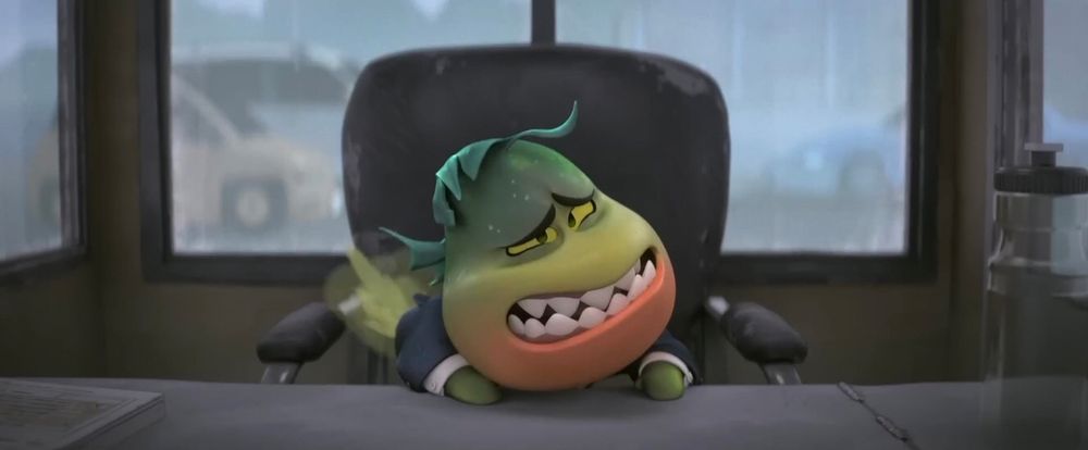 Mr. Piranha sitting on a chair while wearing a business suit. He farts while appearing nervous