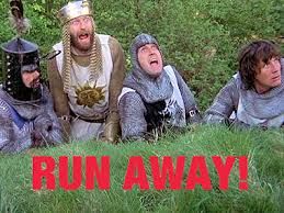 Monty Python characters overreact to the scariness of a bunny, shouting "run away" while dressed a medieval adventurers.