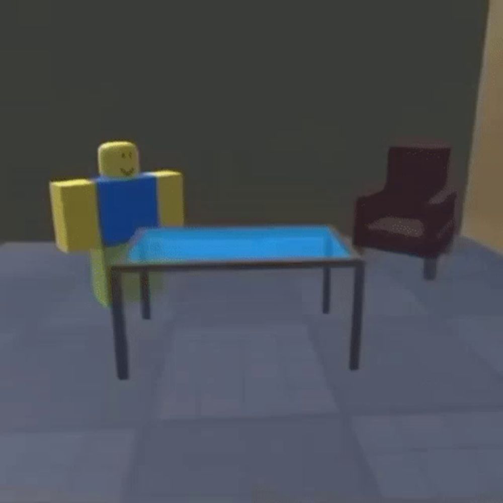 a roblox character is standing in front of a broken table .