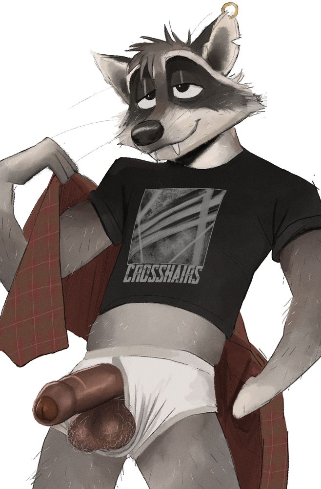 Furry porn, a waist up pin-up of an undressing Raccoon with a light build. They are in the process of undressing themselves of a red flannel shirt, a black band shirt with "CROSSHAIRS" written under a patterned square, and a pair of white briefs. The briefs have an opened pee hole from which their dick and balls- dusky, uncut, and darkly fleshed, air out from the opening in the strained white fabric. 

They regard their partner out-of-frame with a lazy half-lidded glazed look. Their whole appearance is a cool kind of nonchalant- a scruffy guy with one piercing capping their notched left ear. 