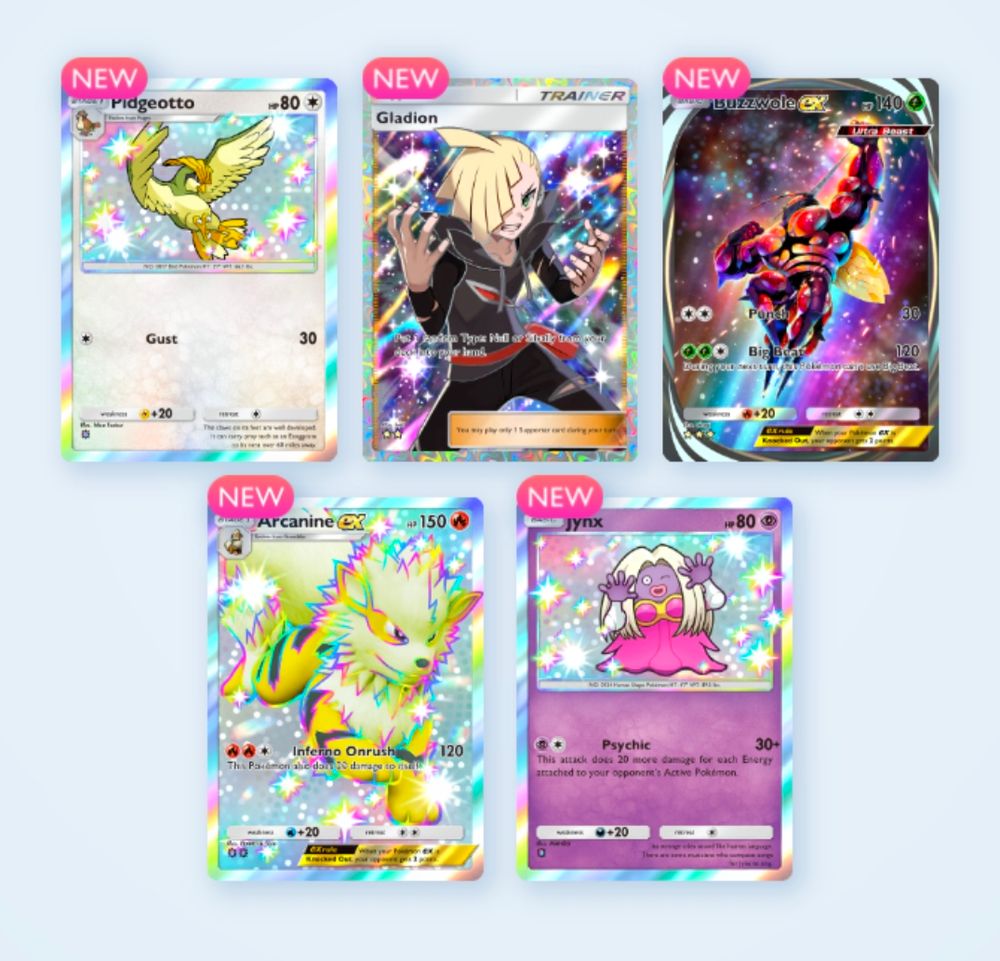 screenshot of pokemon TCG pocket, showing shiny Pidgeotto, shiny Arcanine ex, shiny jynx, full art buzzwole ex, and full art gladion.