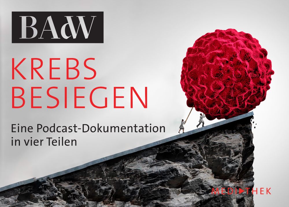 Zwei Menschen versuchen einen Tumor über eine Klippe zu rollen. Text: Krebs besiegen. Eine Podcast-Dokumentation in vier Teilen. 