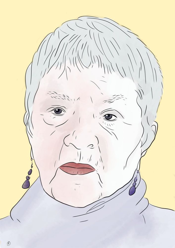 Drawing of the portrait of Prof. Sandra Harding. Original creation by Mina Kara, under a CC BY-SA 4.0 license: https://bit.ly/3RitWra.