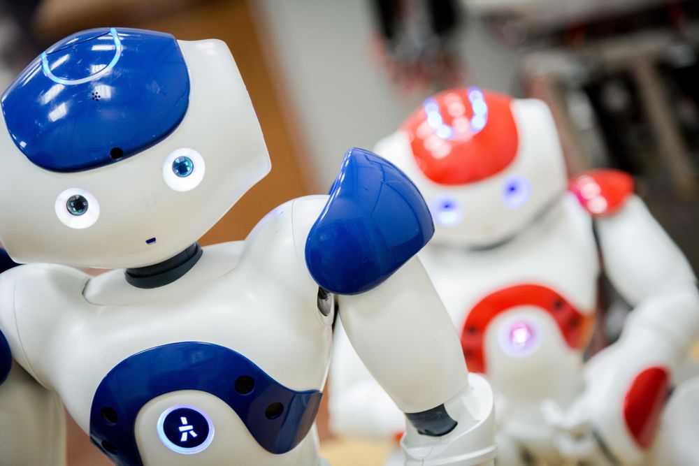 Photograph of two anthropoid robots, respectively in white and blue and white and orange. By University of Salford Press Press Office's Photostream, under a CC BY 2.0 license: https://bit.ly/3DD5IVt.

