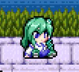 Screenshot of Sanae Kochiya sitting from Touhou fangame Sanae's Sylphid Breeze
