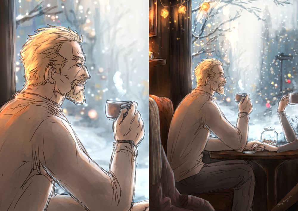 Fanart of modern Askeladd from Vinland Saga sitting at a café while it's snowing outside