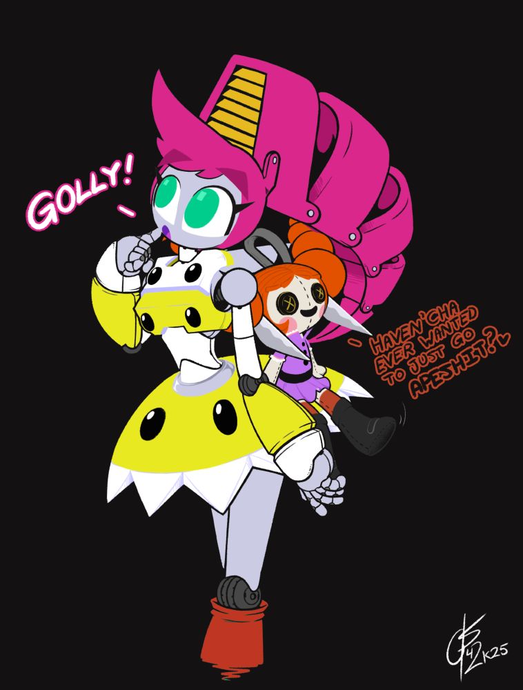 Yarnie acts as the devil on some pretty innocent looking robot's shoulder. The robot has a pink, segmented ponytail and a yellow chassis/plating that resembles and wide-brimmed dress with black buttons and red boots.
Yarnie: "Haven'cha ever wanted to just go APESHIT?<3"
Robot: "Golly!"