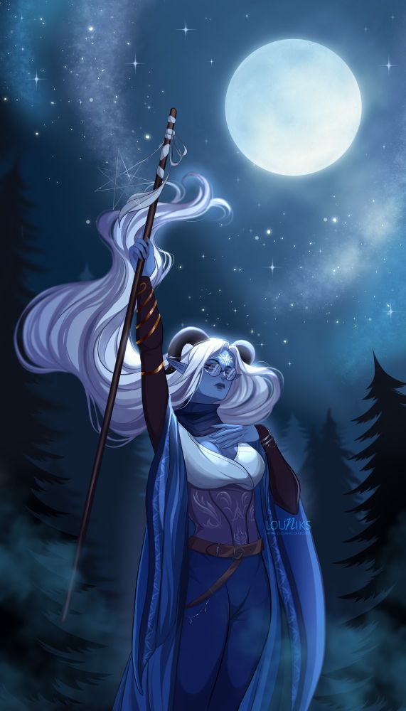 The girl raises her staff to the starry sky.