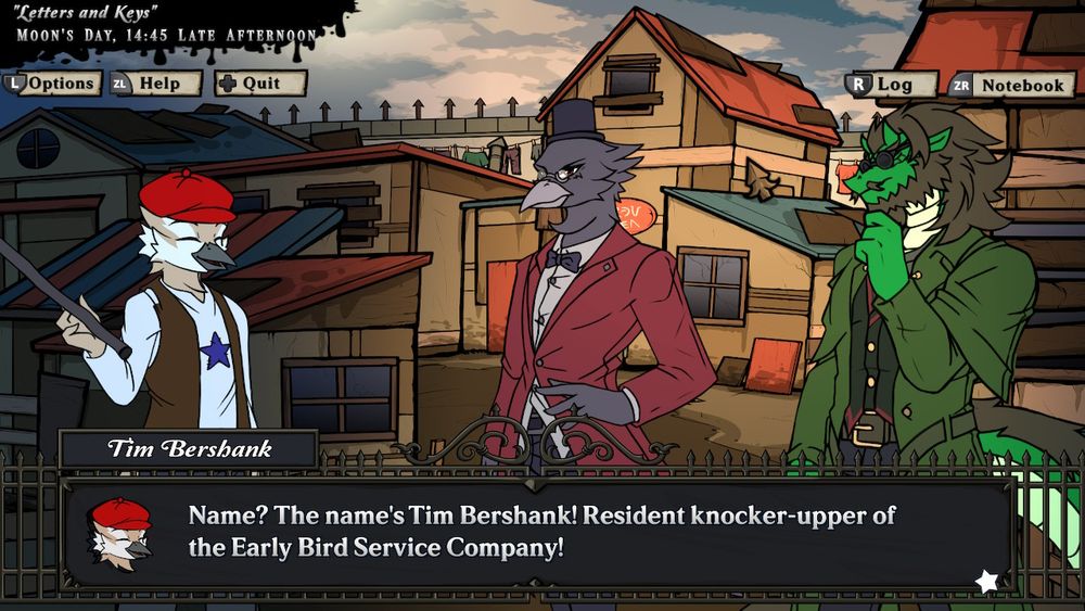 Game screen.shot. Text: "Name? The name's Tim Bershank! Resident knocker-upper of the Early Bird Service Company!"