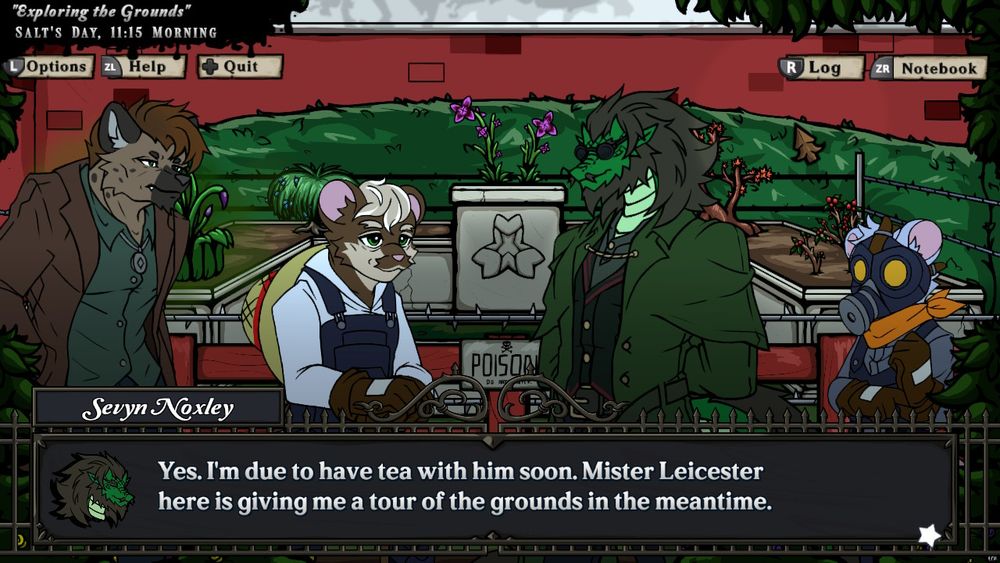Screenshot of an adventure game with several characters conversing in a garden. Dialog: "Yes. I'm due to have tea with him soon. Mister Leicester here is giving me a tour of the grounds in the meantime."