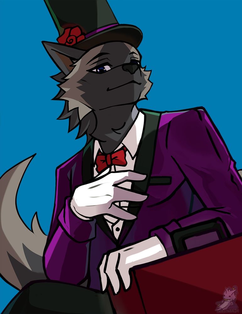 Digital art of a silver Fox wearing a purple suit and top hat