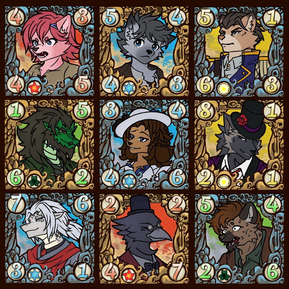 9 character cards with numbers and elemental colors