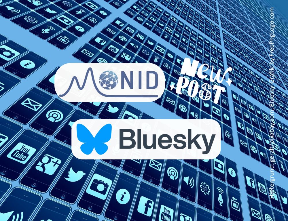 Hier sehen Sie als "New Post" (neue Nachricht) Logos des Modellierungsnetzes (MONID) und von Bluesky mit weiteren Social Media Zeichen im Hintergrund.