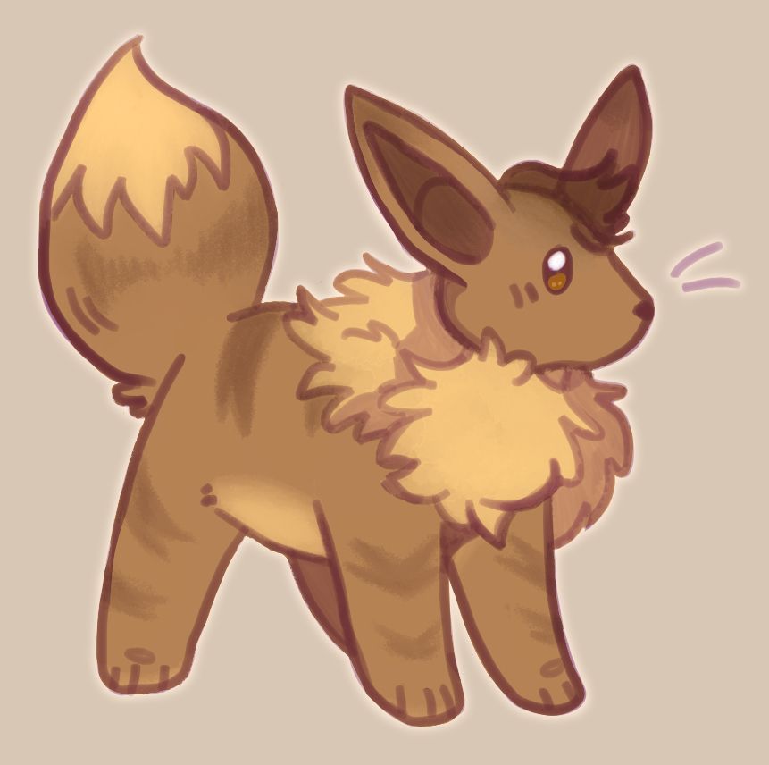 An Eevee with dark stripes, standing looking to the right of screen with its tail raised.