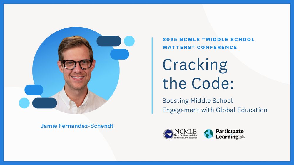 Promotional image featuring Jamie Fernandez-Schendt for the 2025 NCMLE Middle School Matters Conference titled 'Cracking the Code: Boosting Engagement with Global Education.' Sponsored by Participate Learning and NCMLE, the image depicts Jamie smiling, set against a simple, graphic background.