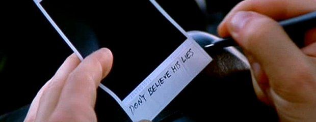 image of the "don't believe his lies" meme from the film Memento (2001)