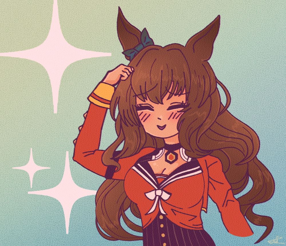 Drawing of Maruzensky from Uma Musume with a sheepish smile.