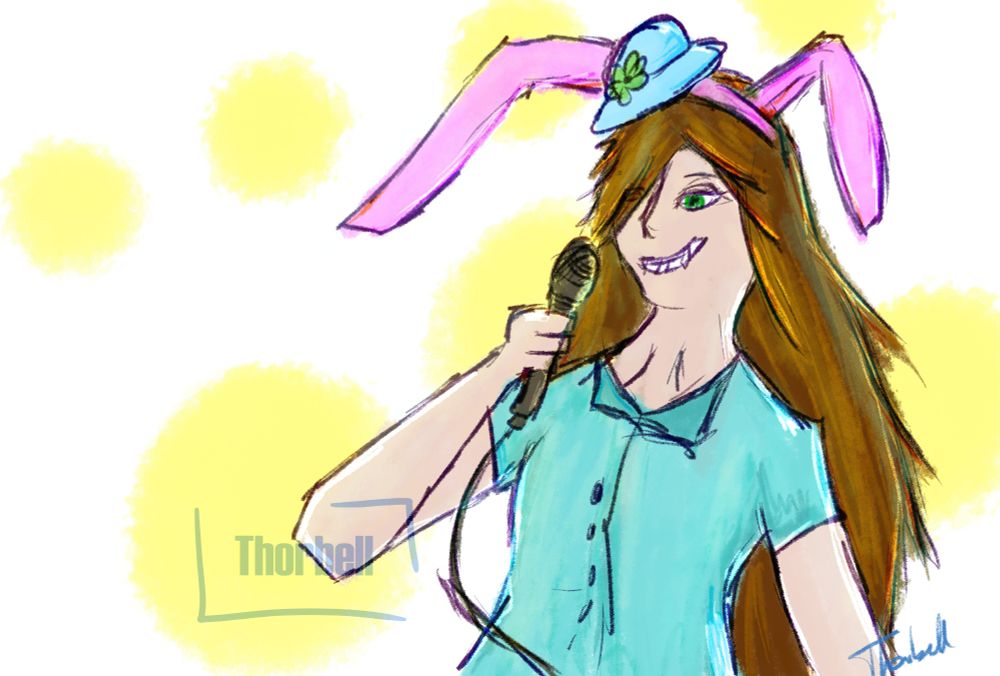 a women wears a bunny headband and tiny hat while holding a microphone