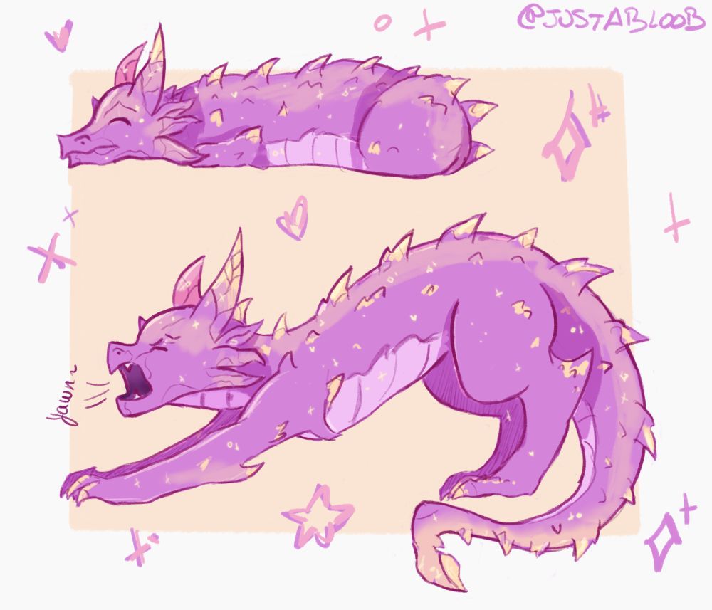 artfight attack, two fullbodys of a dragon that is purple and has details in yellow
on one the dragon is sleeping like a cat, with the limbs under him
on the other one he is streeching himself, again, like a cat