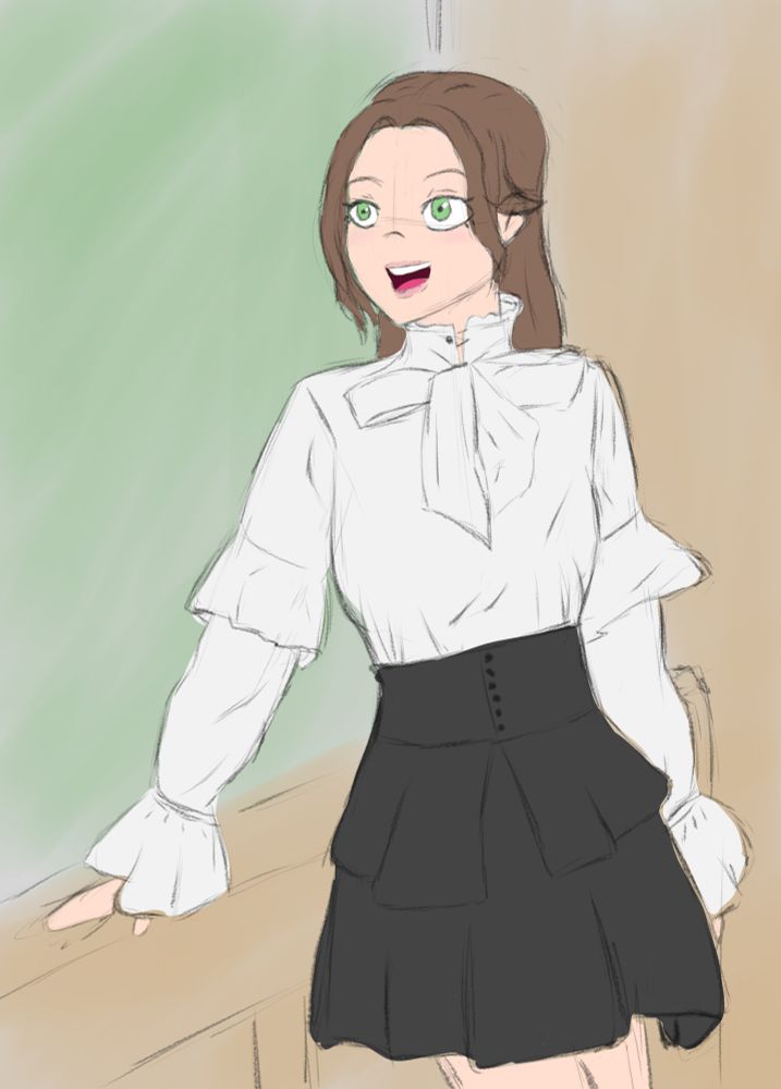 fanart of sqx looking happily to the camera while posing with a modern outfit
