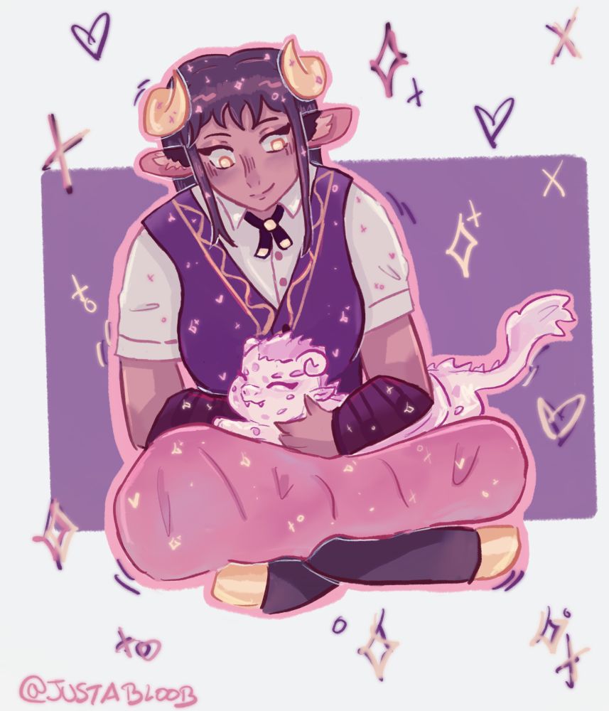 character sitting down while pampering her pet dragon