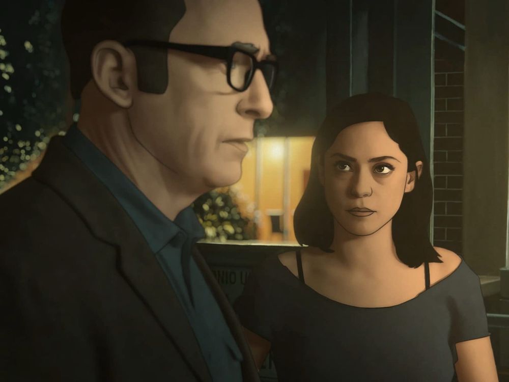 A rotoscoped Bob Odenkirk and Rosa Salazar from “Undone.”