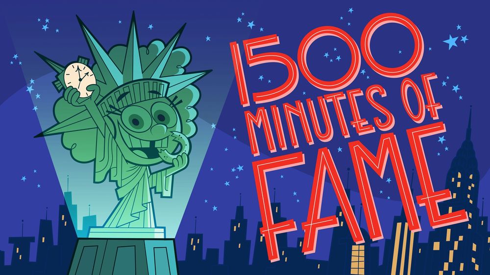 Title card for Fairly OddParents: A New Wish. Graphic of Hazel as the Statue of Liberty holding a big stopwatch and a partially eaten bagel, with a city skyline in the background and the episode title “1500 Minutes of Fame” in an all-caps art deco font.
