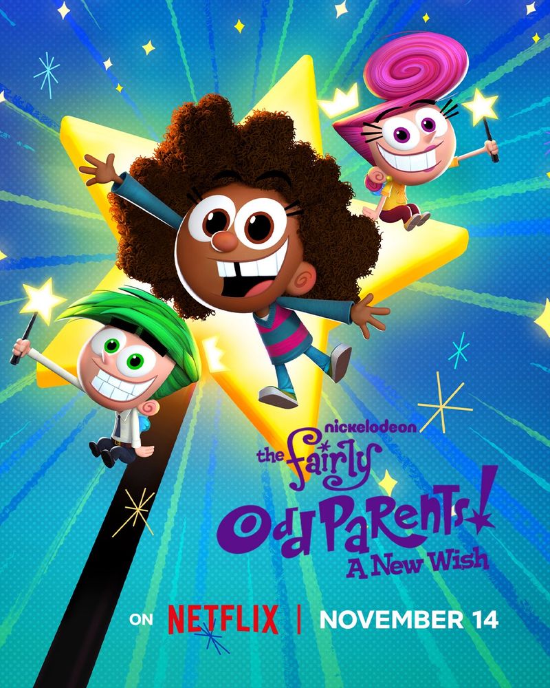 Promotional poster for The Fairly OddParents: A New Wish coming to Netflix November 14. Features characters Cosmo, Wanda, and Hazel and a very large magic wand in the background.