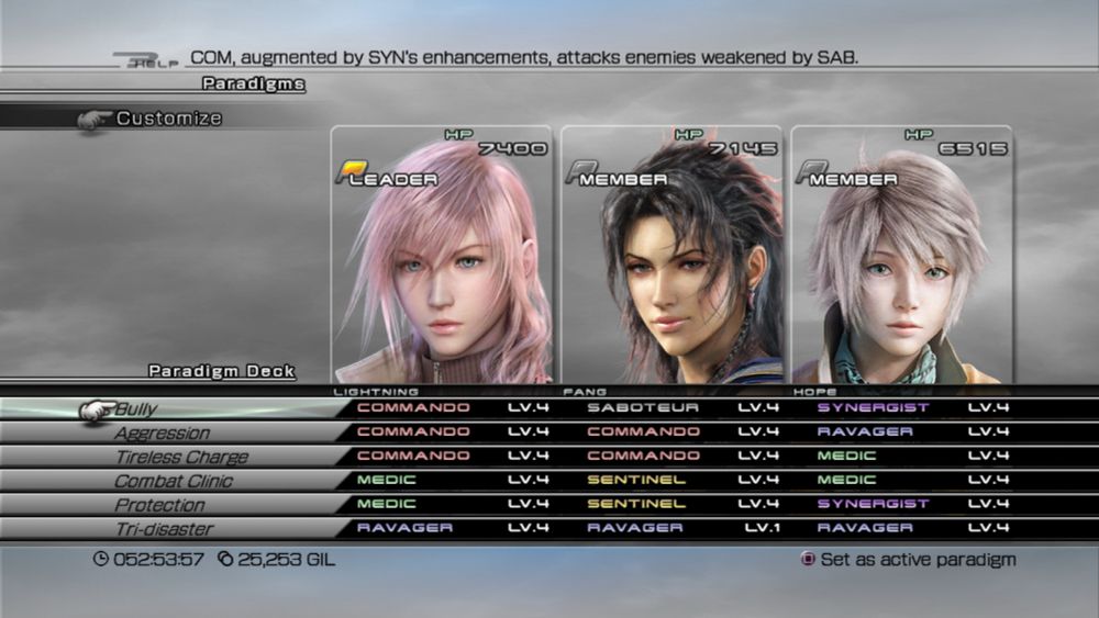 Screenshot of the Paradigm deck. The three characters have various roles assigned to them, with each role given a unique name to describe it. The names help to remember the purpose of the paradigm in the thick of battle, such as Bully being comprised of Commando, Saboteur and Synergist. You can imagine hammering away at the enemy as you weaken them while empowering yourself.