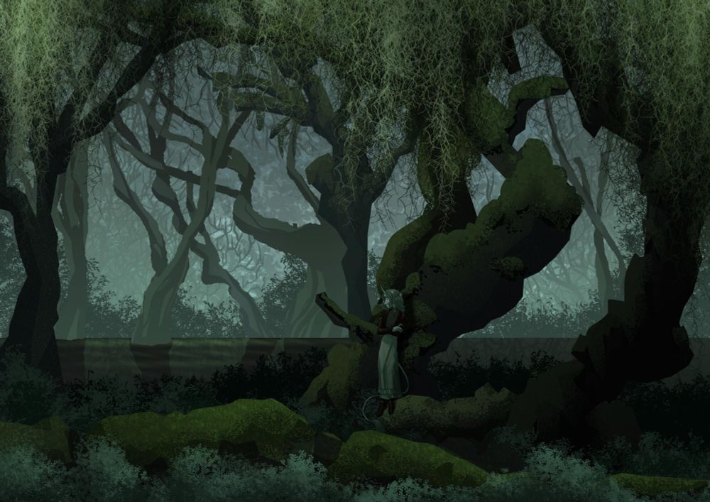 a spoooooooky greens swamp with a bunch of moss and trees. a unicorn character stands leaning against the centre tree