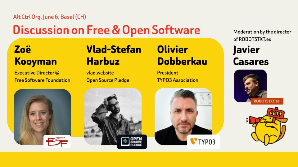 Zoe Kooyman, Vlad-stefan Harbuz, Olivier Dobberkau and Javier Casares on the Free and Open software discussion.