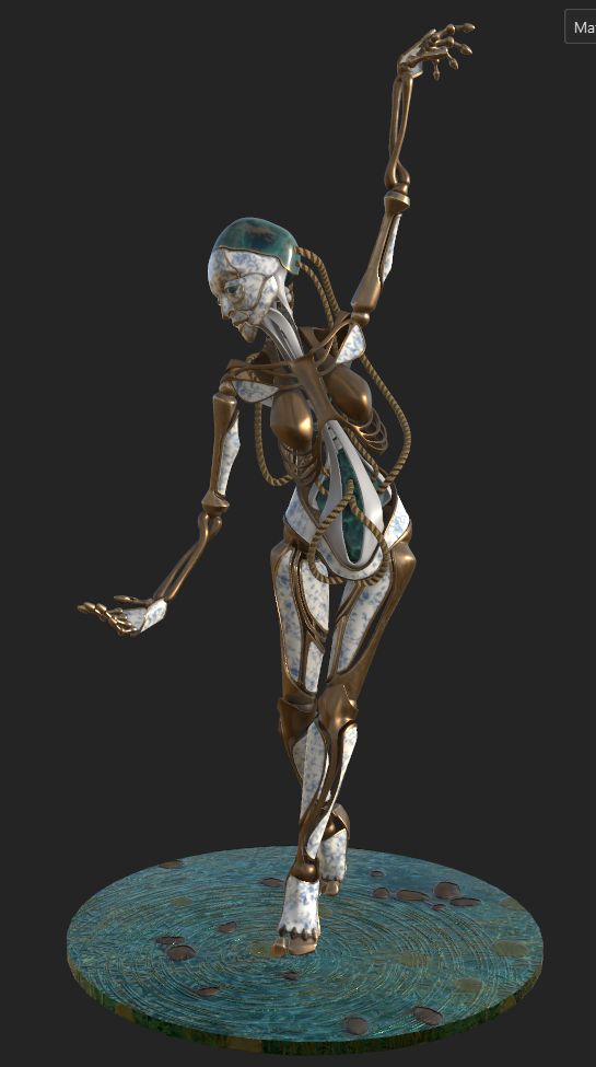 a 3d model of a robotic doll woman, now clad in white and blue flowery porcelain with gold trim. She stands in a circle of water, dancing slowly.